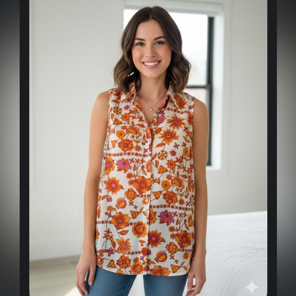 Rose + Olive Floral Collared Blouse - Orange and Pink new size small